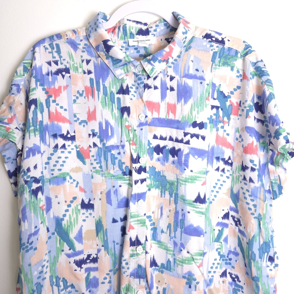BEACHLUNCHLOUNGE Geometric Multicolor Short Sleeve Blouse Top XL - Picture 2 of 9